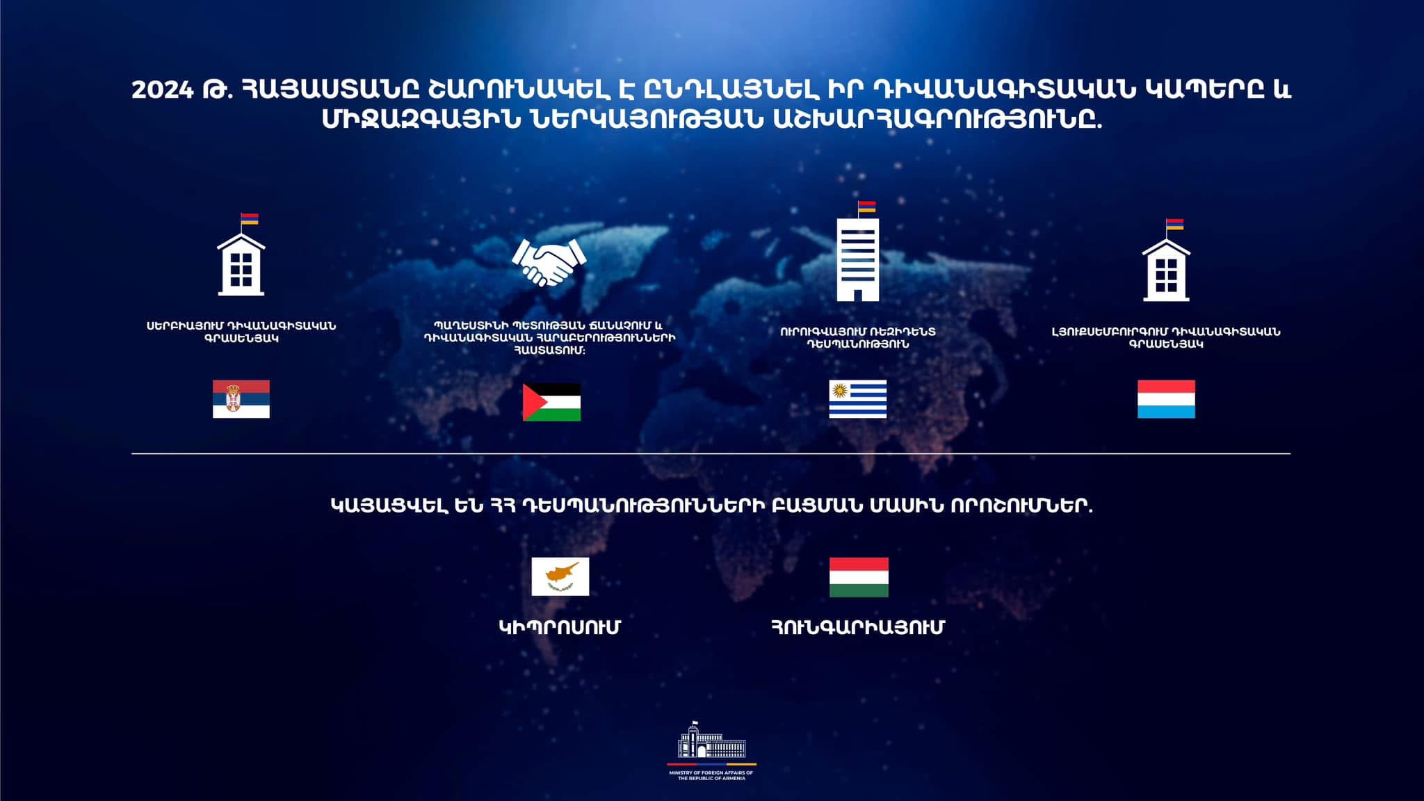2024 թ. Հայաստանը շարունակել է ընդլայնել իր դիվանագիտական կապերը և միջազգային ներկայության աշխարհագրությունը. ԱԳՆ